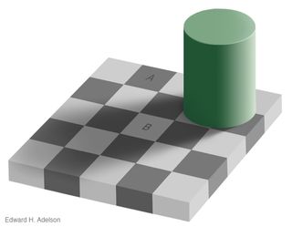A green cylinder sits atop a black-and-white checkerboard, casting a shadow over it. One checkerboard square is labeled "A" and another is labeled "B." "A" appears darker than "B," despite actually being the same shade