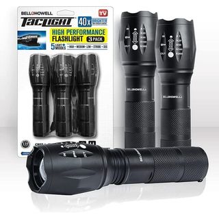 Three black flashlights in white blister packadging