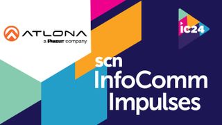 The Atlona logo imposed on the InfoComm 2024 Impulses design. 