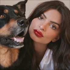 Emily Ratajkowski with her dog in an Hourglass cosmetics promo