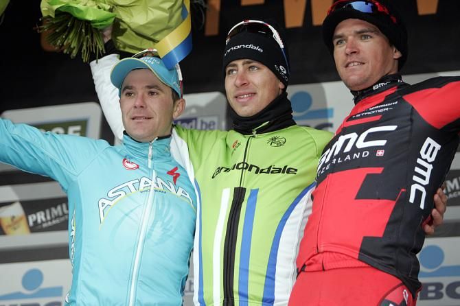 The 2013 Gent-Wevelgem podium: Borut Bozic, Peter Sagan, Greg Van Avermaet