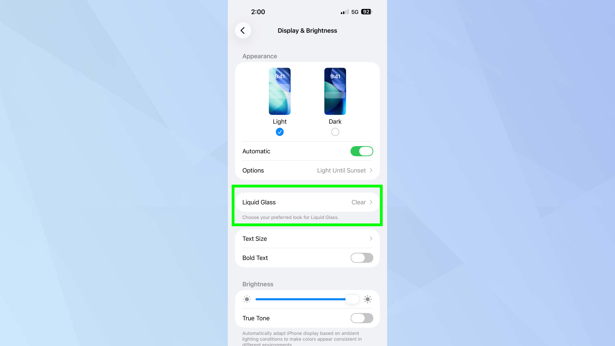 Liquid glass in iPhone settings