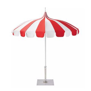 A red and white striped umbrella