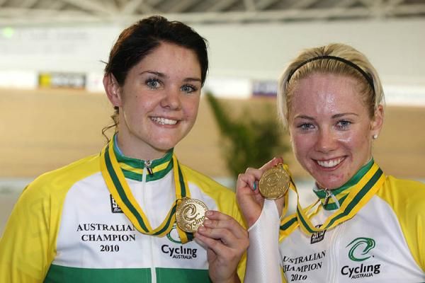 Madison Law and Kaarle McCulloch celebrate their victory in the women's team sprint final