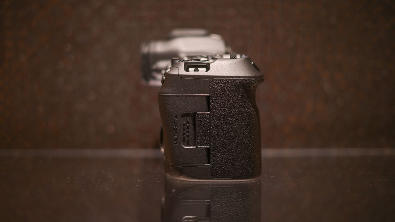 Canon EOS R5 Mark II against a dark background