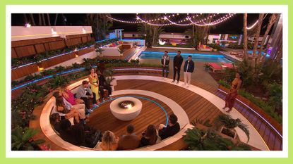 Spencer Kai, Aaron and Maya Jama stand at the firepit. Jordan Olivia, Tom, Ellie, Will, Jessie, Sammie, Shaq, Tanya, Lana, Ron, Tanyel and Casey, with a green border around it