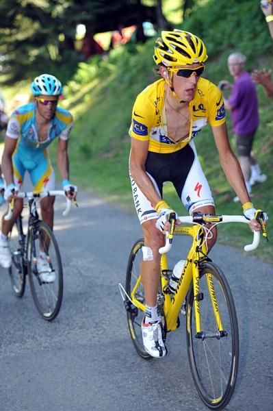 Andy Schleck (Team Saxo Bank) climbs with Alberto Contador (Astana) on his wheel
