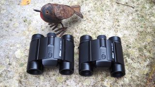 Nikon Stabilized 12x25 S and Nikon Stabilized 10x25 S binoculars next to one another on a concrete floor