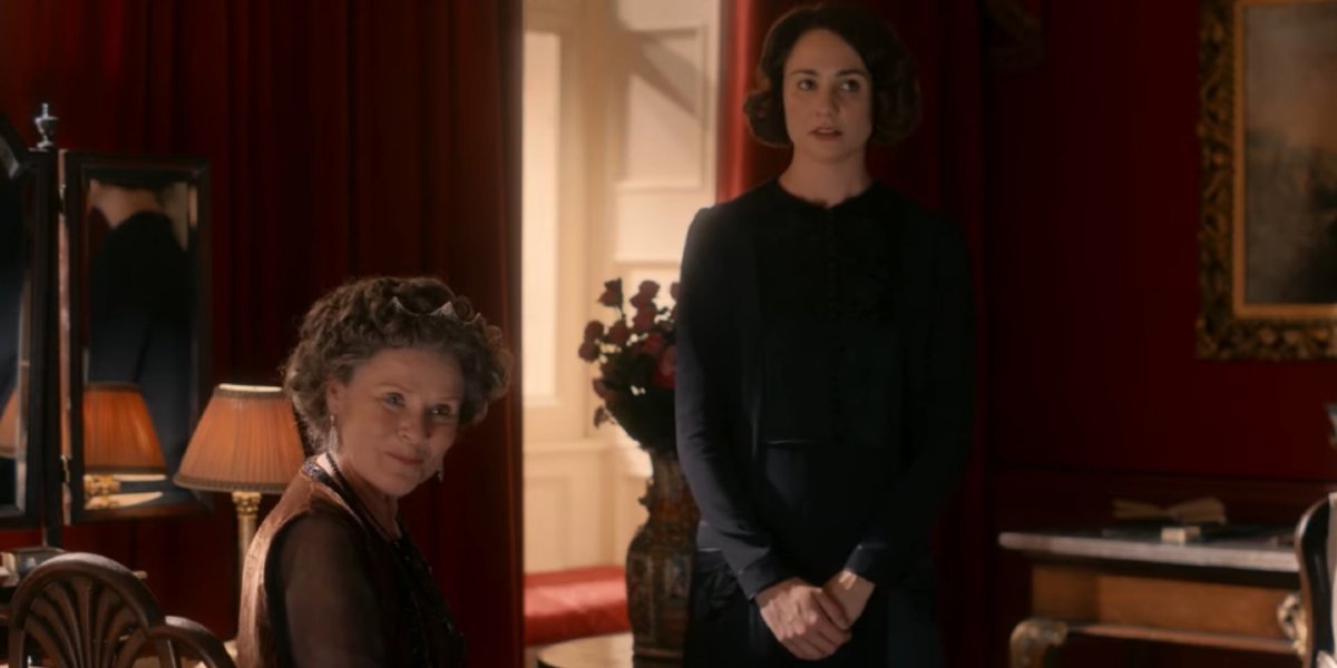 Downton Abbey Imelda Staunton and Tuppence Middleton sitting in one of the manor&#039;s rooms