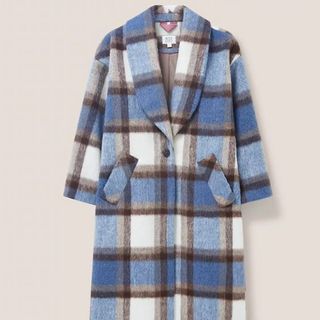 Checked Shawl Collar Longline Coat with Wool