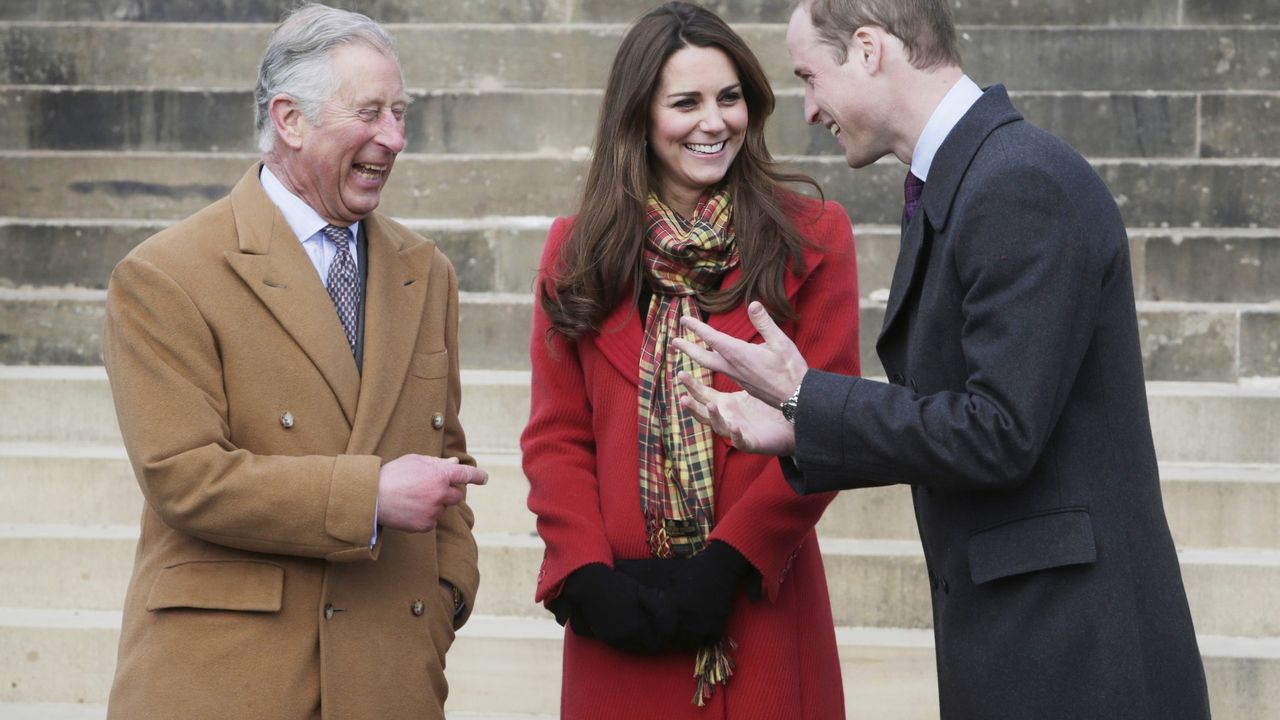 Prince Charles, Prince of Wales, known as the Duke of Rothesay, Catherine, Duchess of Cambridge, known as the Countess of Strathearn, and Prince William, Duke of Cambridge, known as the Earl of Strathearn, when in Scotland during a visit to Dumfries House on March 05, 2013 in Ayrshire, Scotland. The Duke and Duchess of Cambridge braved the bitter cold to attend the opening of an outdoor centre in Scotland today. The couple joined the Prince of Wales at Dumfries House in Ayrshire where Charles has led a regeneration project since 2007. Hundreds of locals and 600 members of youth groups including the Girl Guides and Scouts turned out for the official opening of the Tamar Manoukin Outdoor Centre.