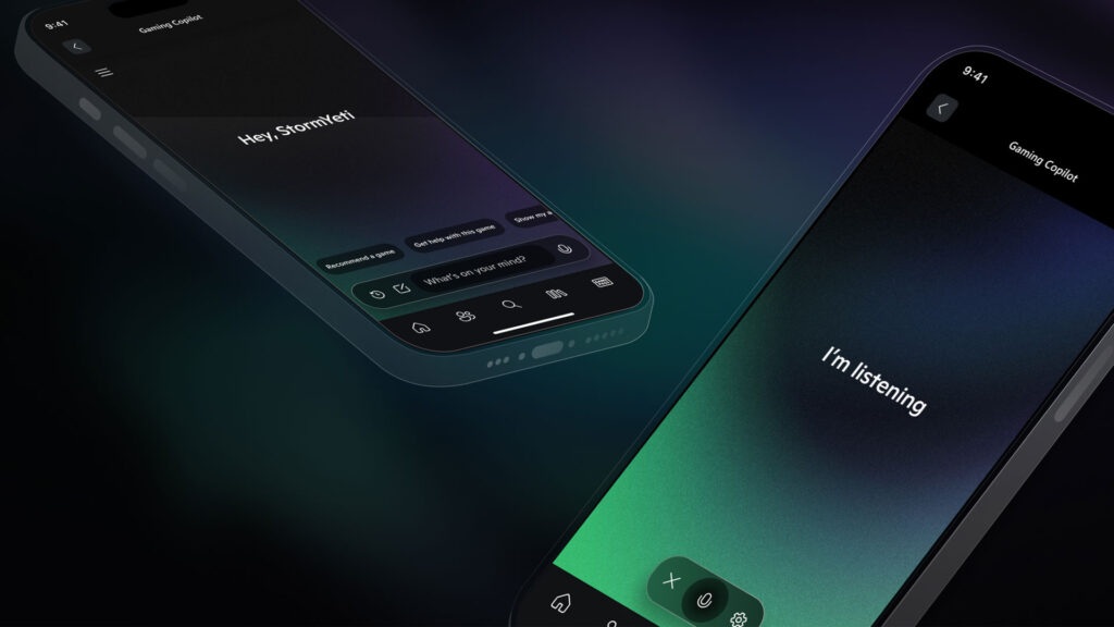 An example image for Copilot for Gaming, showing phone messages including "I'm listening."