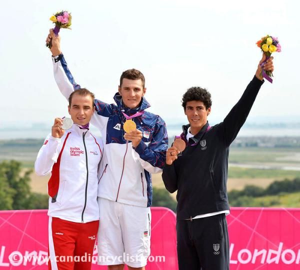 Elite men's Olympic mountain bike podium: Nino Schurter (Switzerland), Jaroslav Kulhavy (Czech) and Marco Fontana (Italy)