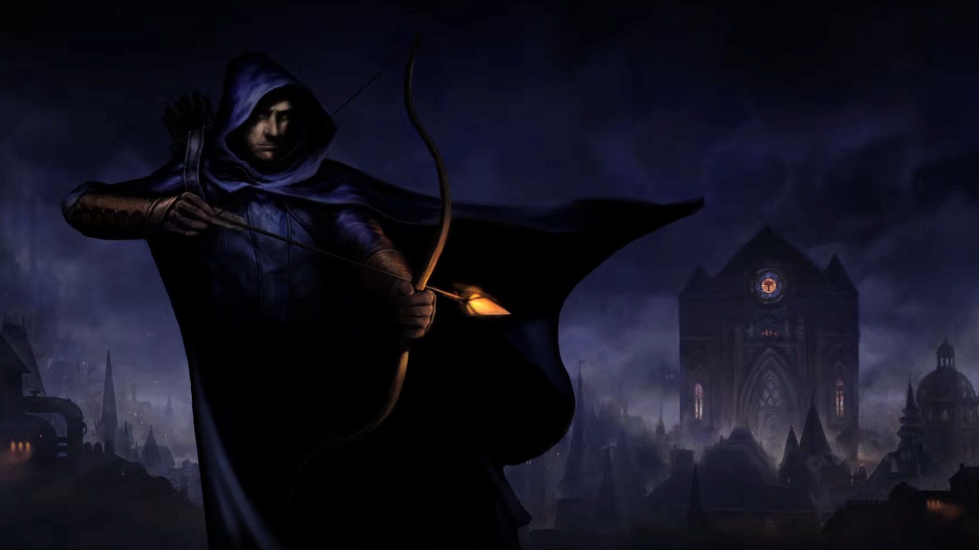Thief: The Dark Project Remastered promo image - Garrett drawing a bow with a fire arrow