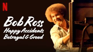 En promobild för Bob Ross: Happy Accidents, Betrayal & Greed, där Bob Ross kikar fram bakom ett staffli och ser glad ut.