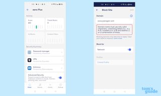 Screenshots showing how you can block individual sites in the eero app with an eero plus subscription