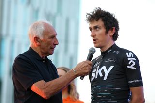 Geraint Thomas (Team Sky) is interviewed on stage at the Tour Down Under team presentation