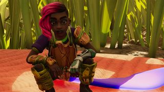 A teen girl from Grounded 2 crouching in front of a single purple Flower Petal in Grounded 2.