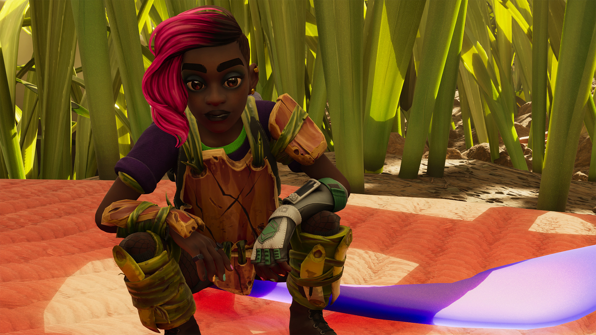A teen girl from Grounded 2 crouching in front of a single purple Flower Petal in Grounded 2. 