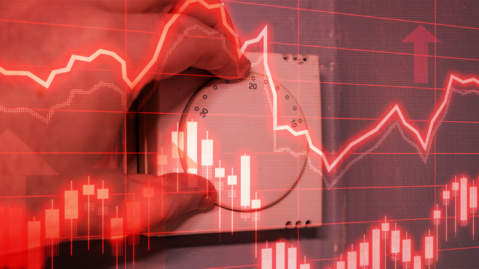 mans hand adjusting thermostat with red graphic overlay over whole picture showing graphs going up and down