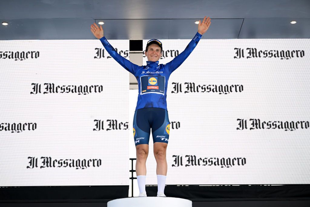 MODENA ITALY JULY 02 Elisa Longo Borghini of Italy and Team Lidl Trek Blue Best Italian Jersey celebrates at podium during the 34th Giro dItalia Donne 2023 Stage 3 a 1182km stage from Formigine to Modena UCIWWT on July 02 2023 in Modena Italy Photo by Dario BelingheriGetty Images