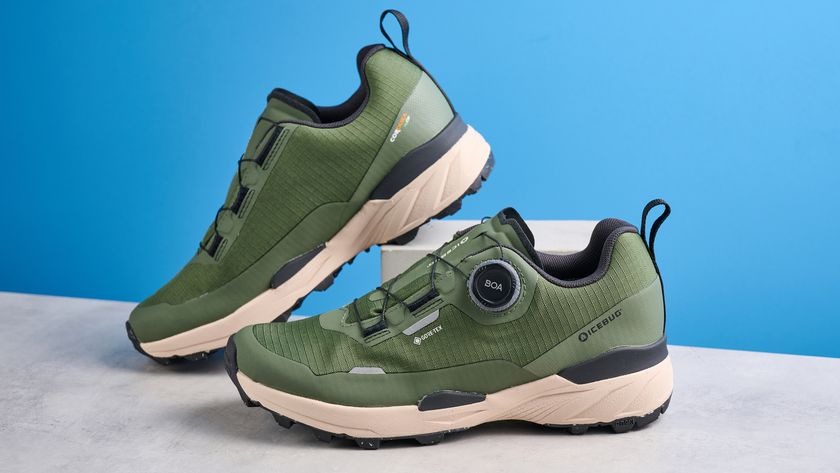 Icebug Rover 2 RB9X GTX in lightmoss/black colorway photographed in front of a blue background.