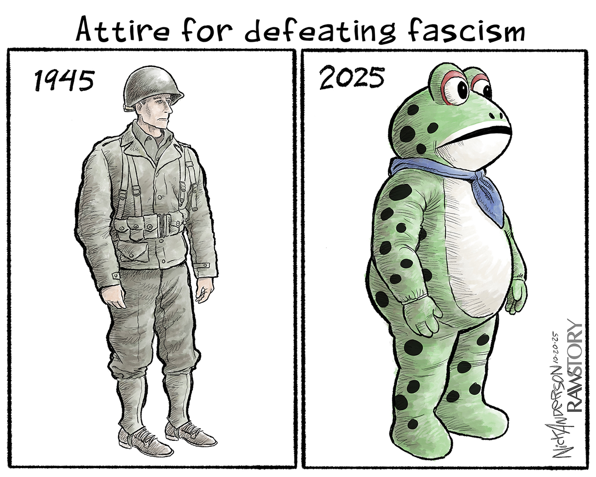 This is a two-panel political cartoon titled &amp;ldquo;Attire for defeating fascism.&amp;rdquo; The left panel is dated 1945 and displays a typical American soldier from World War II. The right panel is dated 2025 and depicts a person in a frog costume.
