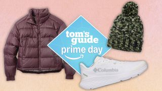 a peach background with a columbia puffer jacket, columbia hat, and running shoes with a blue tom's guide prime day badge