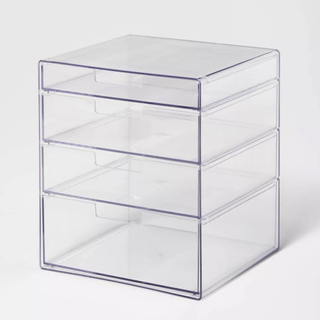 A clear 4-tier drawer organizer