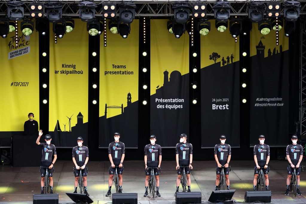 BREST FRANCE JUNE 24 Sren Kragh Andersen of Denmark Tiesj Benoot of Belgium Cees Bol of The Netherlands Mark Donovan of The United Kingdom Nils Eekhoff of The Netherlands Joris Nieuwenhuis of The Netherlands Casper Pedersen of Denmark Jasha Stterlin of Germany and Team DSM during the 108th Tour de France 2021 Team Presentation LeTour TDF2021 on June 24 2021 in Brest France Photo by Tim de WaeleGetty Images