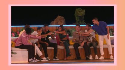 Love Island mimosas: the boys meeting new bombshell Samie in episode 14 of winter Love Island 2023/ in an orange and pink template