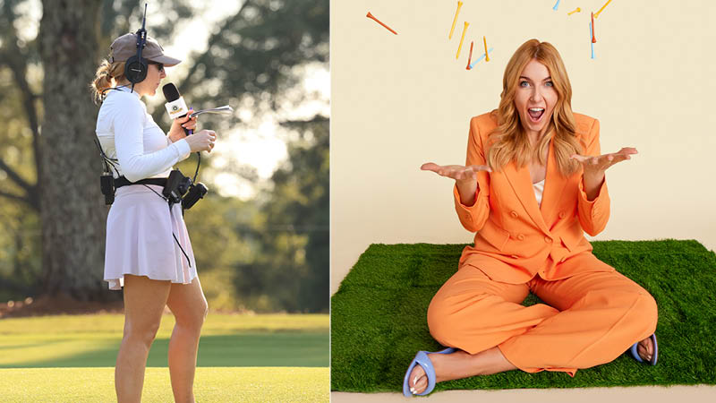 Hally Leadbetter on-course reporting and a promotional image of her throwing golf tees in the air
