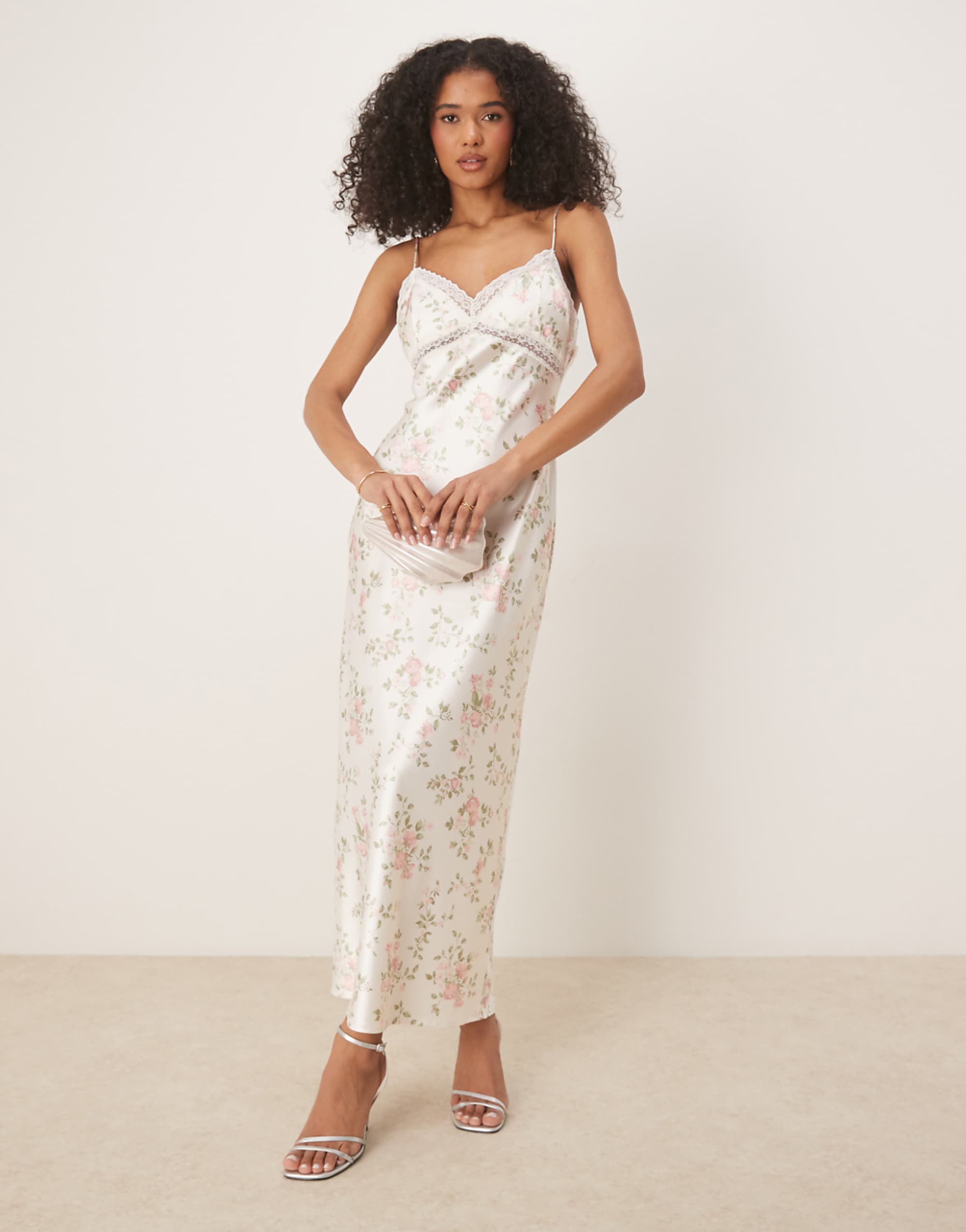 Gina Tricot Satin Maxi Dress With Lace Trim in White Floral