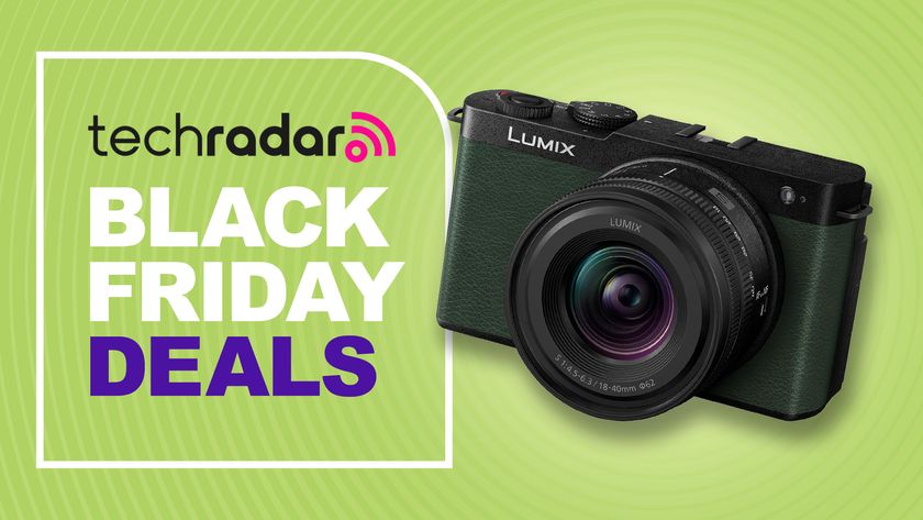 Green Panasonic Lumix S9 camera on a lime green background alongside Black Friday deals text overlay