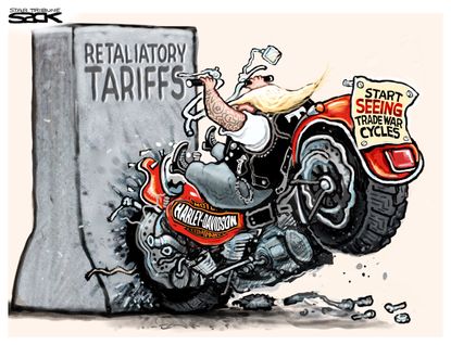Political cartoon U.S. Harley-Davidson tariffs trade war motorcycle outsource