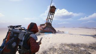 Arc Raiders bird trap: A player looking at a red buoy on a dried-up seabed, with a glowing blue outline of a bird trap on the ground.
