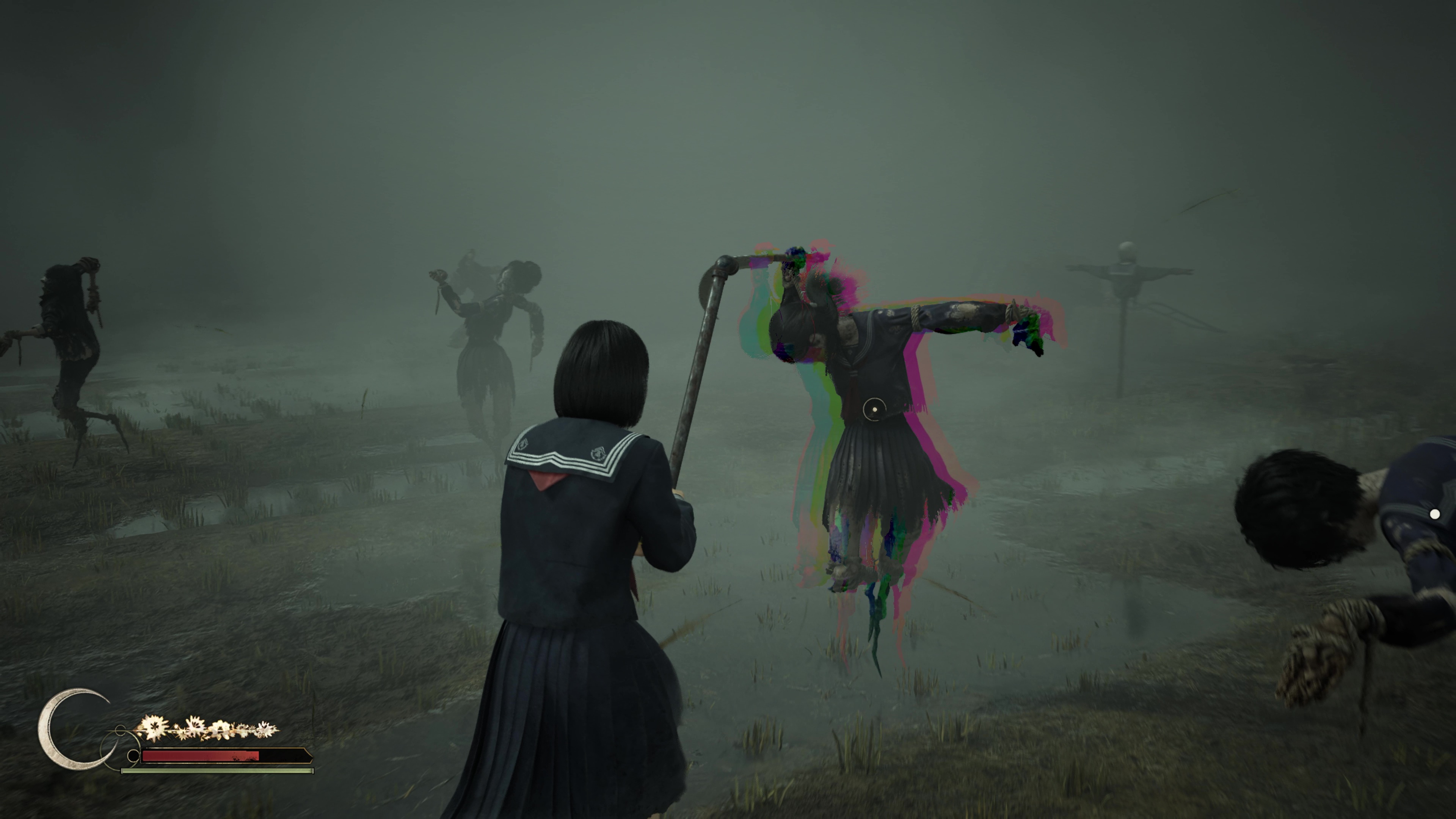 A scarecrow enemy displays a chromatic aura in Silent Hill f indicating a heavy attack will counter them