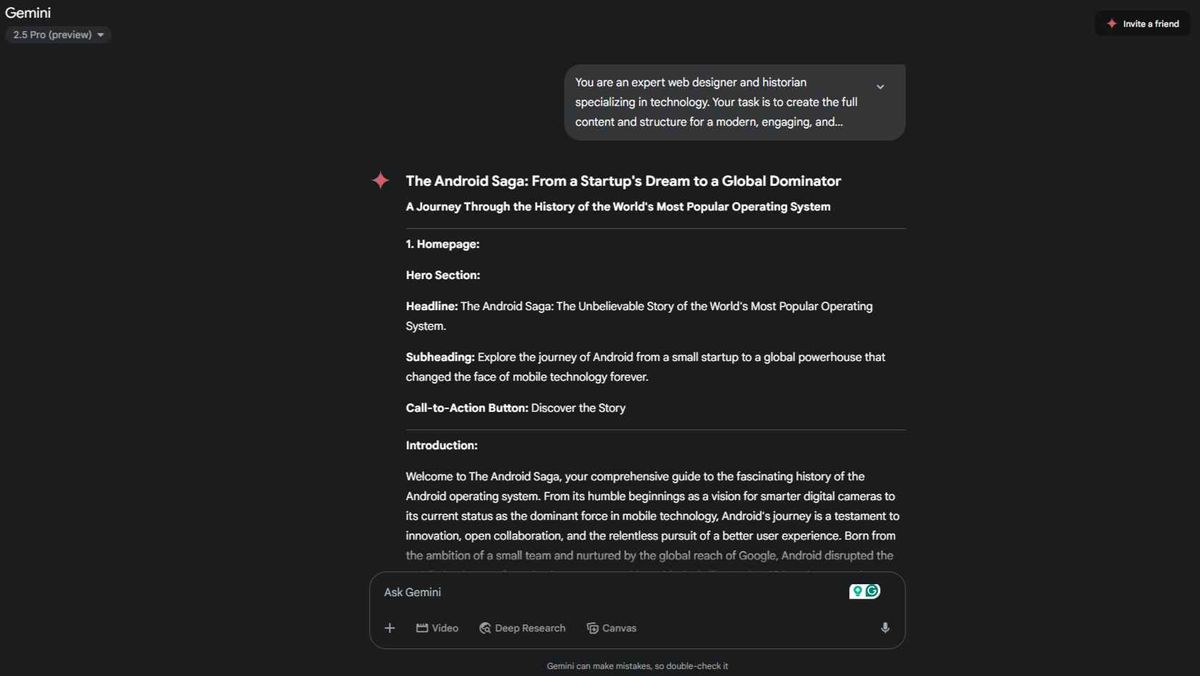 Google Gemini 2.5 Pro code results from a complex prompt to create an Android History website