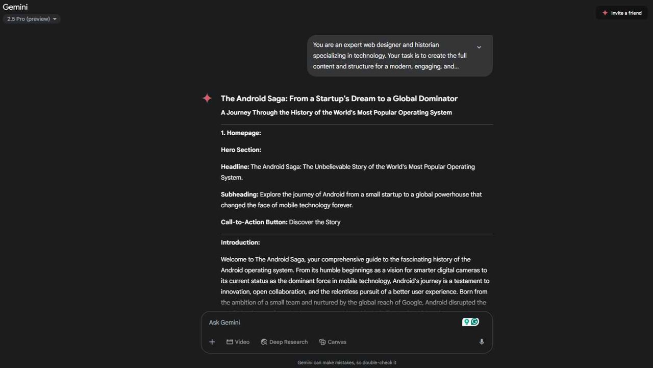 Google Gemini 2.5 Pro code results from a complex prompt to create an Android History website