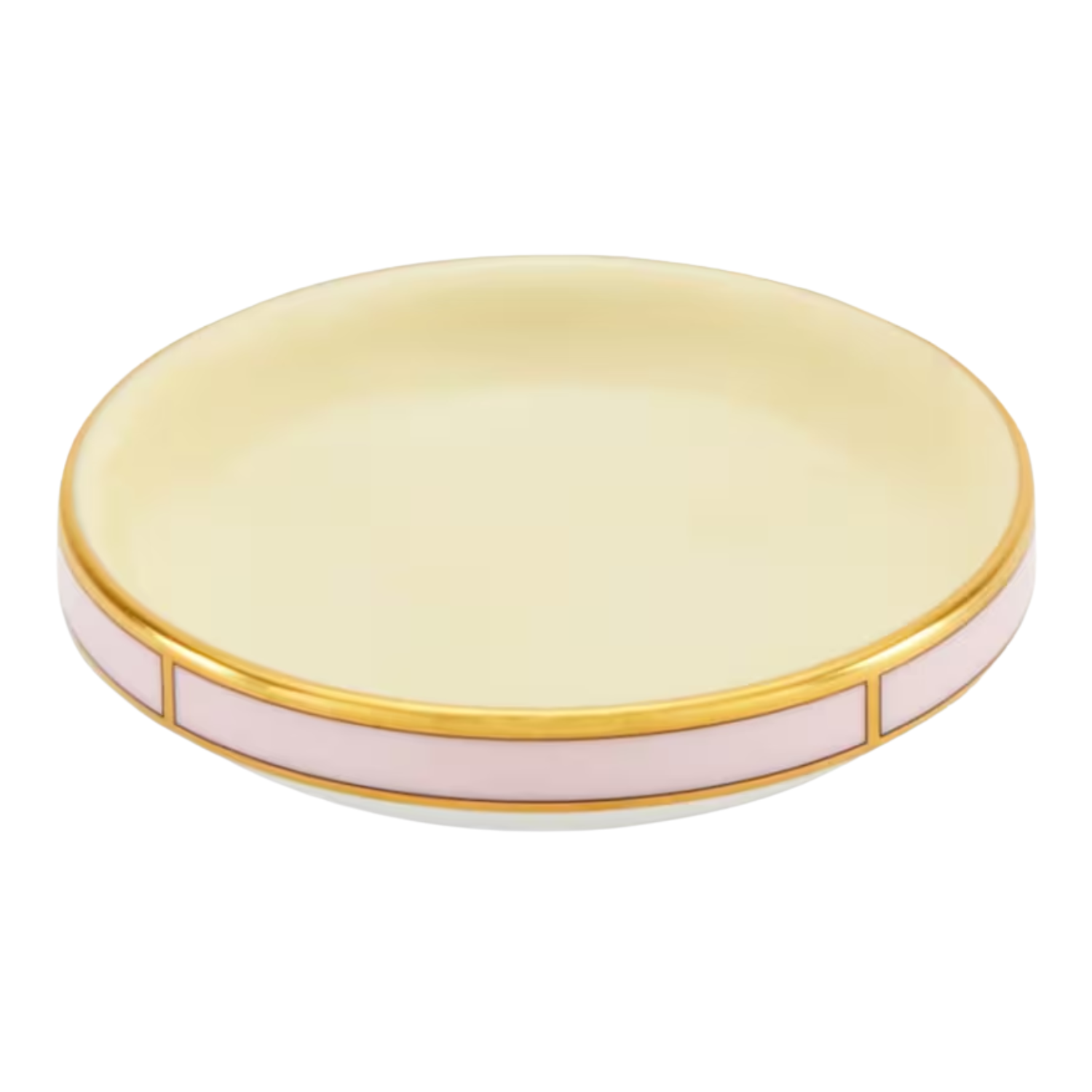 A yellow dish with gold lining and pink accents