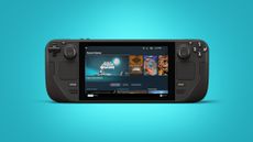 Steam Deck on bright blue background