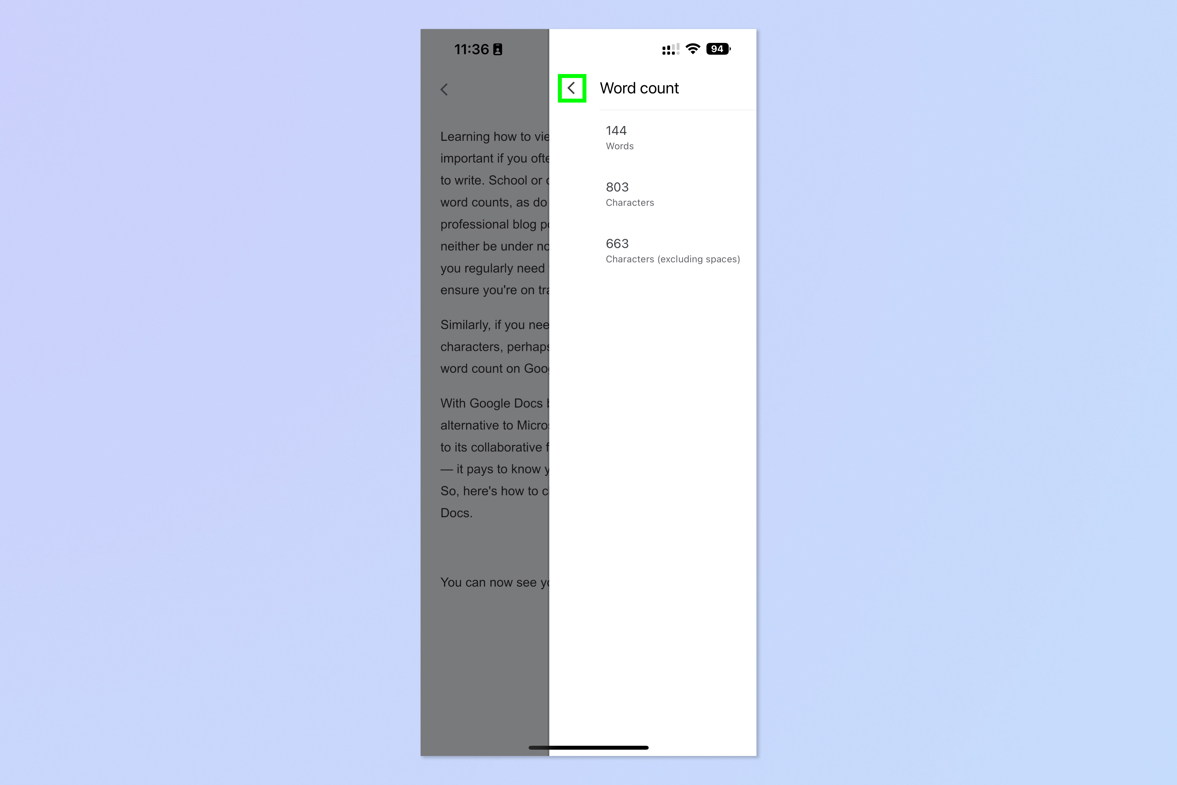 Снимок экрана, показывающий, как просмотреть количество слов в мобильном приложении Google Docs.