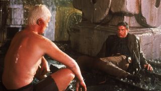 Rutger Hauer as Roy Batty with Harrison Ford as Rick Deckard at the end of Blade Runner