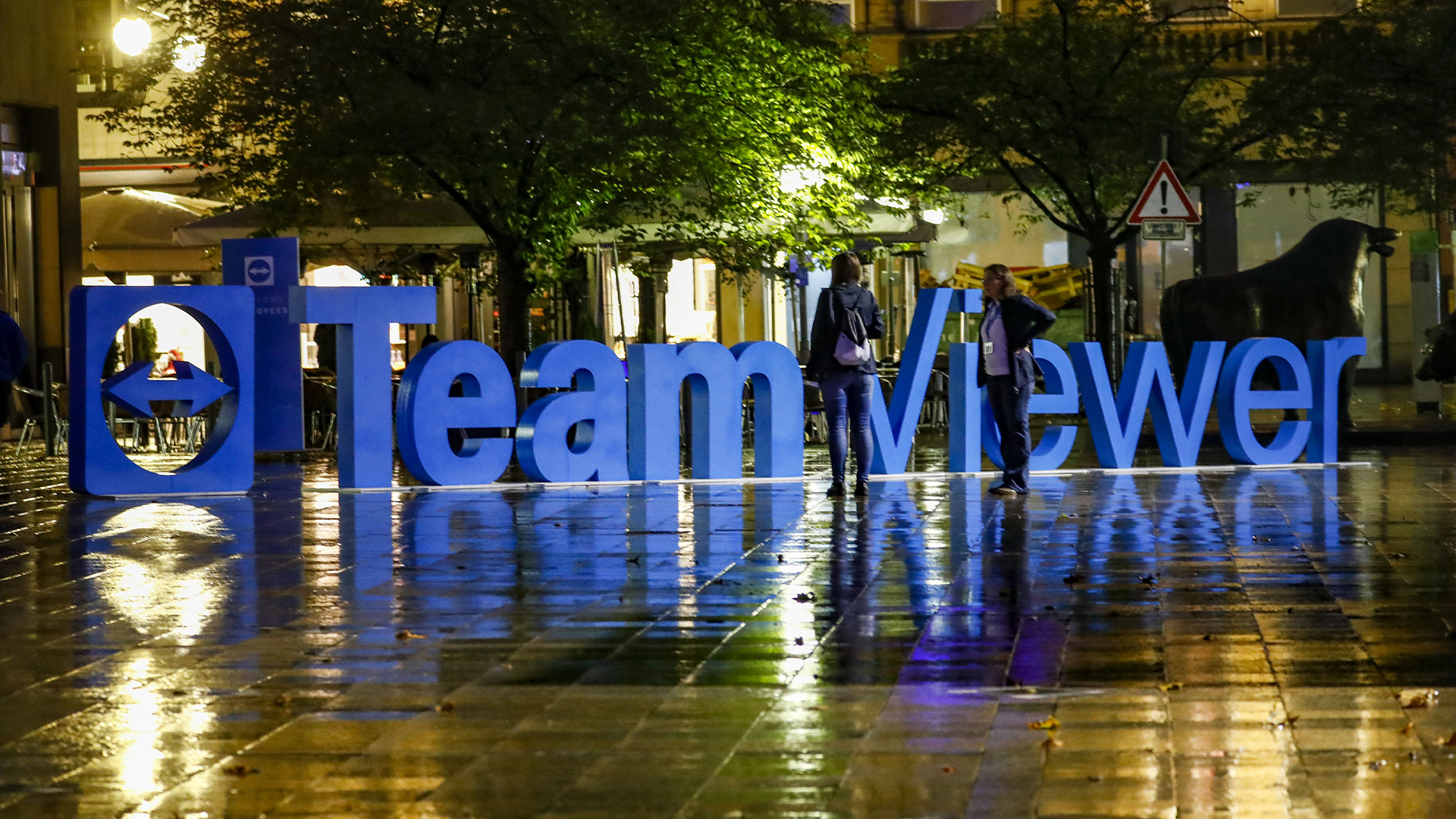 TeamViewer logo and branding sign pictured outside the Frankfurt Stock Exchange ahead of the company's IPO in September 2019.