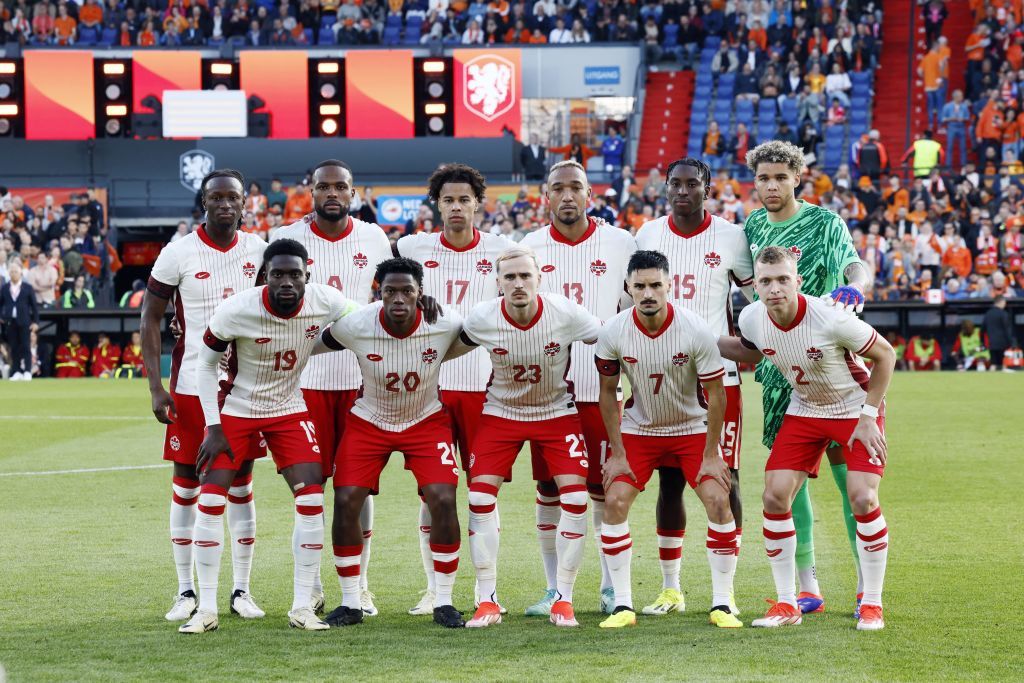 Canada Copa America 2024 squad Canada&#039;s national football team members (TOP L-R) Cyle Larin, Ismael Kone, Tajon Buchanan, Derek Cornelius, Moise Bombito, Dayne St. Clair, (BOTTOM L-R) Alphonso Davies, Jonathan David, Liam Millar, Stephen Eustaquio, Alistair Johnston pose for the picture during the friendly match between the Netherlands and Canada at Feyenoord Stadium de Kuip in Rotterdam on June 6, 2024. (Photo by Koen van Weel / ANP / AFP) / Netherlands OUT (Photo by KOEN VAN WEEL/ANP/AFP via Getty Images)