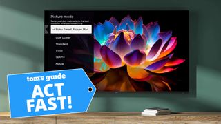 The Roku Pro Series, wall-mounted and displaying a colorful, neon-tinted flower. Next to the TV is a blue-colored badge that reads: "Tom's Guide Act Fast!"