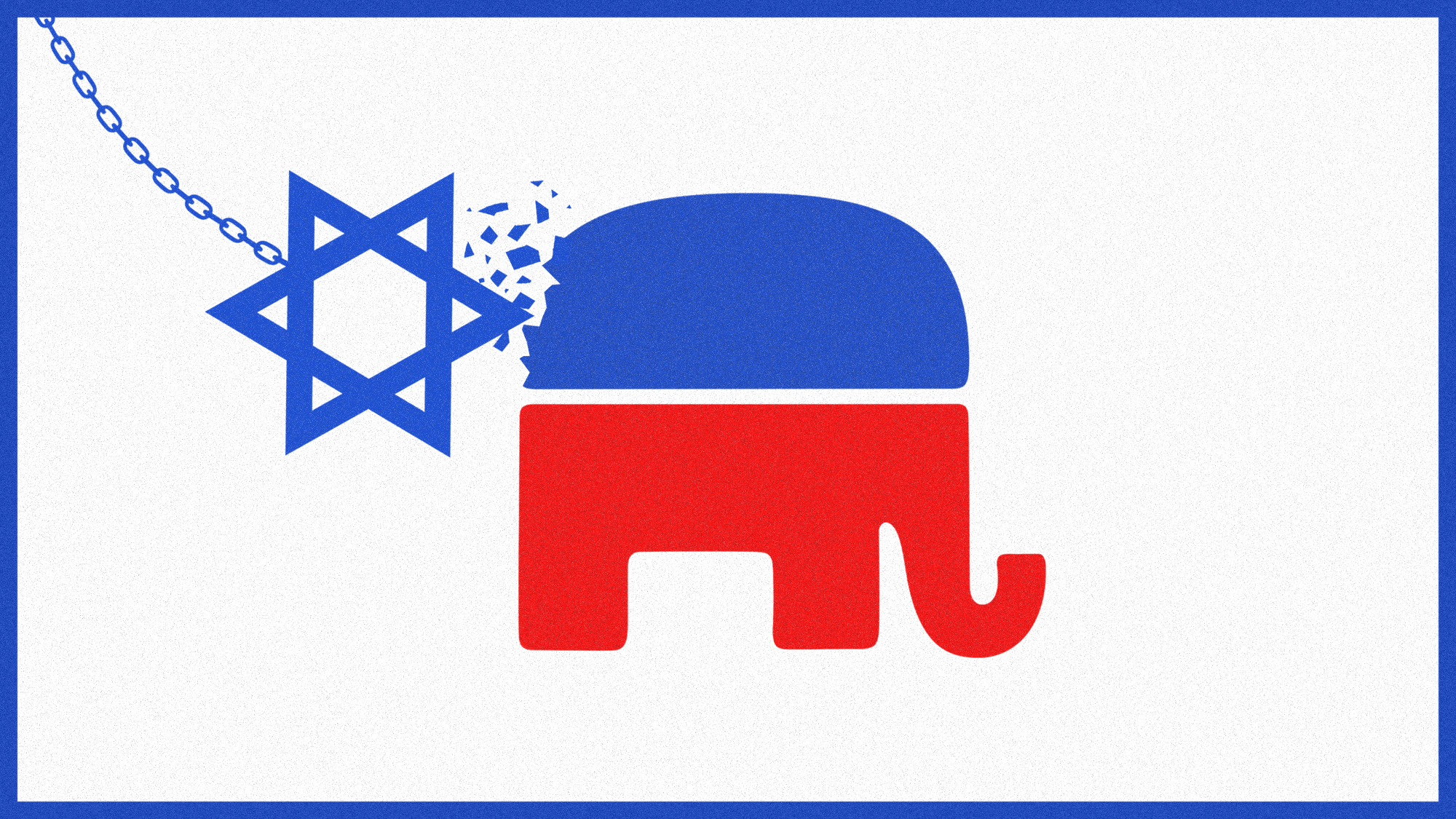 Illustration of the GOP elephant logo being hit by a wrecking ball shaped like the Star of David 