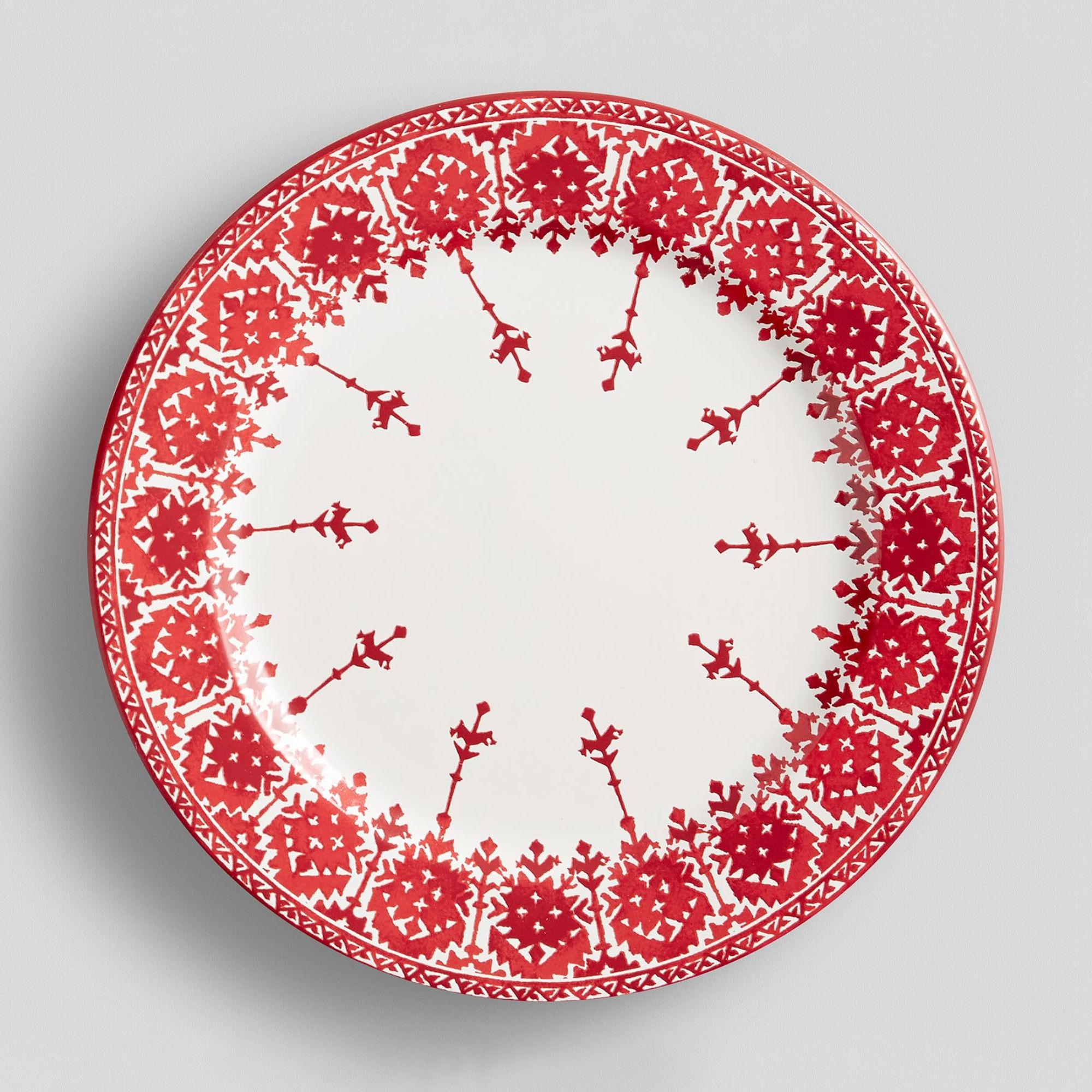 White salad plates with red fair isle pattern