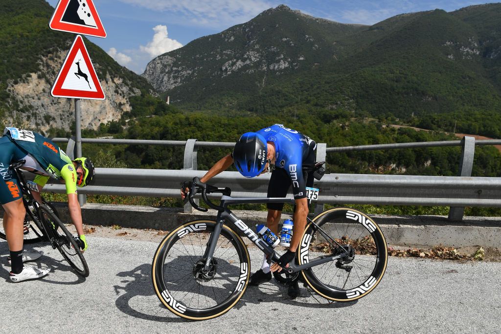 CASCIA ITALY SEPTEMBER 10 Veljko Stojnic of Serbia and Team Vini Zabu KTM Benjamin Dyball of Australia and Team NTT Pro Cycling Crash Mechanical Problem during the 55th TirrenoAdriatico 2020 Stage 4 a 194km stage from Terni to Cascia 645m TirrenAdriatico on September 10 2020 in Cascia Italy Photo by Justin SetterfieldGetty Images
