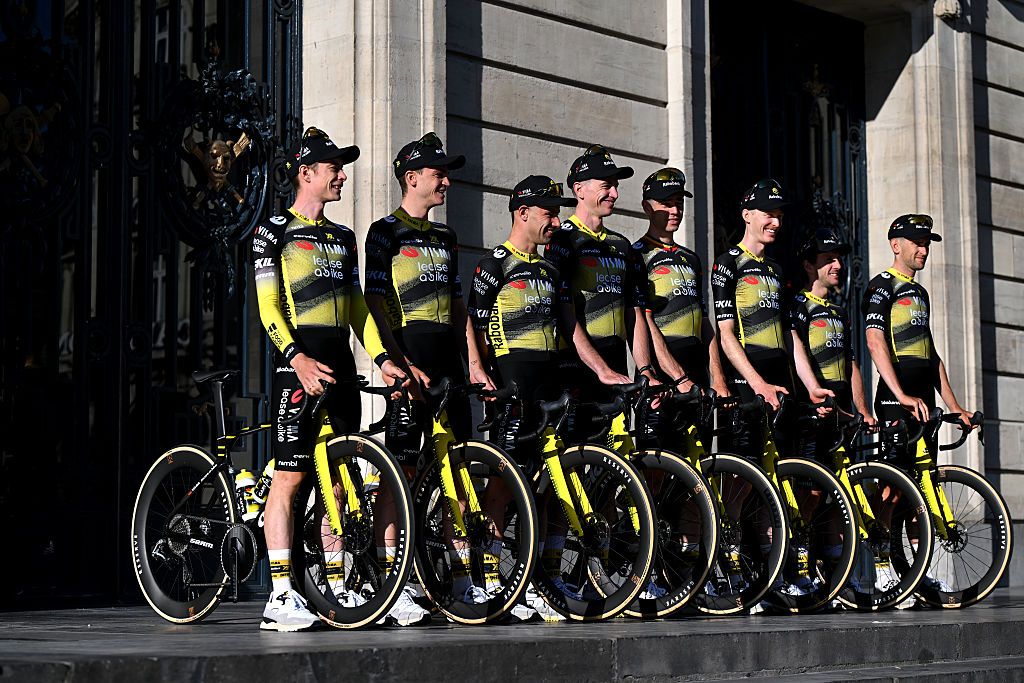 LILLE, FRANCE - JULY 03: A general view of Jonas Vingegaard of Denmark, Victor Campenaerts of Belgium, Edoardo Affini of Italy, Tiesj Benoot of Belgium, Matteo Jorgenson of United States, Sepp Kuss of United States, Wout Van Aert of Belgium, Simon Yates of Great Britain and Team Visma | Lease a Bike during the team presentation prior to the 112th Tour de France 2025 / #UCIWT / on July 03, 2025 in Lille, France. (Photo by Dario Belingheri/Getty Images)